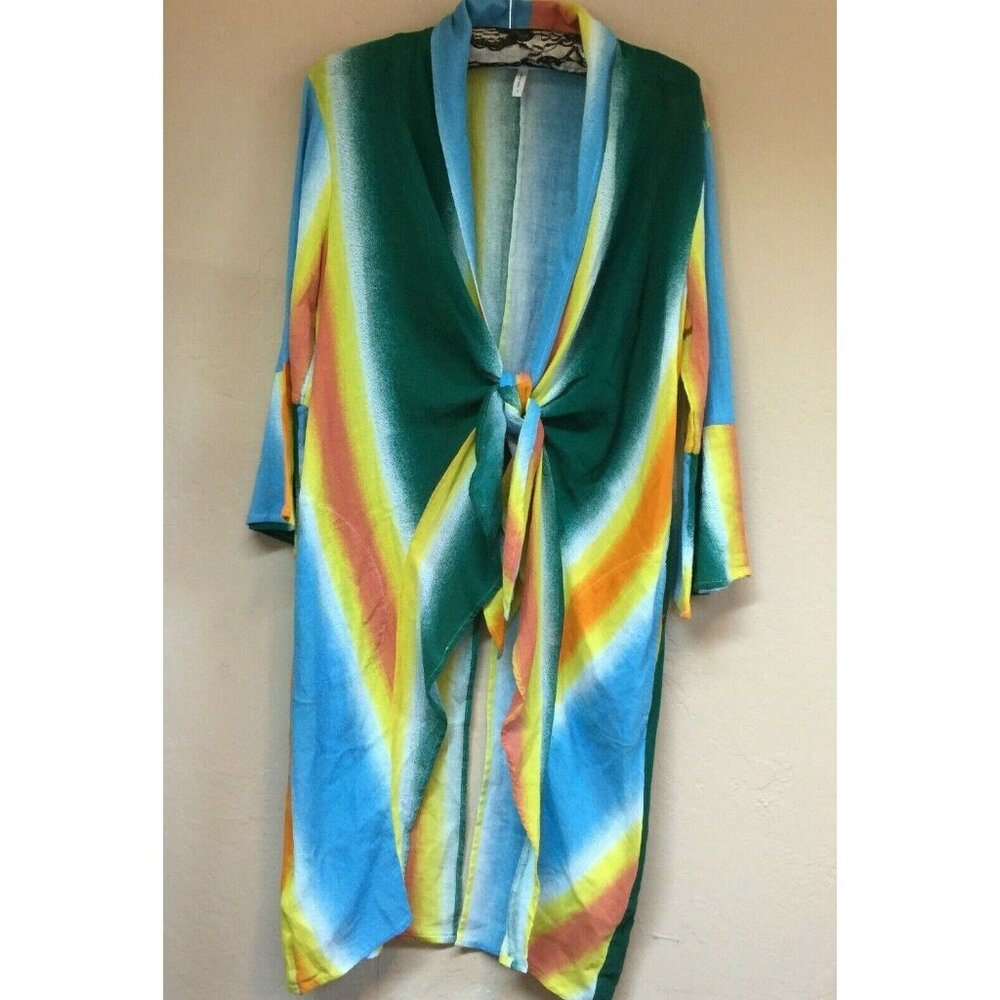 BCBGeneration Womens Blue Hi-Low Bell Sleeve Kimono Cardigan Top Small Colorful